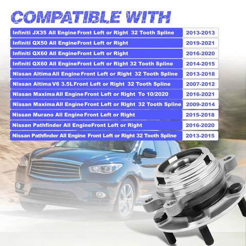 Front Wheel Hub Bearing Assembly Direct Fit Replacement For Nissan Altima Maxima Murano Pathfinder And Infiniti JX35 QX50 QX60
