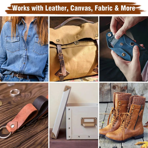 Pro Grade Leather Rivets Snap Buttons And Fasteners Kit With Tool used on leather jackets, bags, wallets, and boots