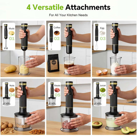 Kitchen Beast 1200W Handheld Immersion Blender Kit With Five Must Have Attachments used to blend various foods.