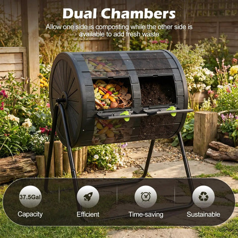 Dual Chamber Compost Tumbler 37.5 Gallon Outdoor Bin BPA Free Rotating Composter With Two Lockable Doors in garden setting