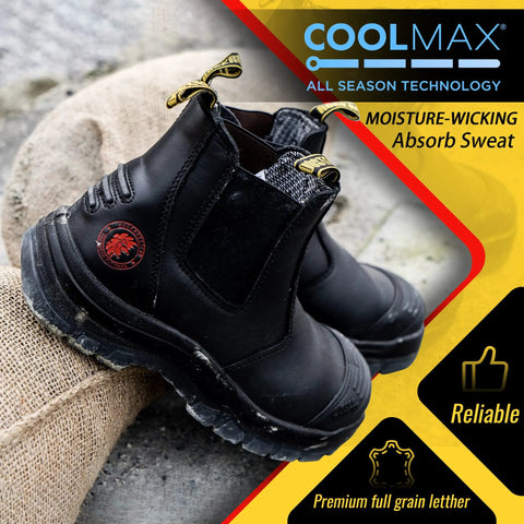 Mens 6 Inch Steel Toe Work Boots With Pull On Safety Leather Chelsea Design Static Dissipative Construction Durable Leather Safety Shoes For Job Sites US 14 Half Size Up Recommended, side view