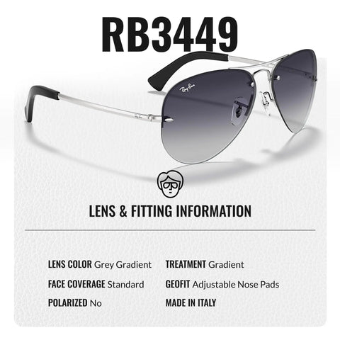 RB3449 Pilot Shape Nonpolarized Sunglasses For Men With Gray Gradient Lenses, polished silver frame, lens and fitting data shown.