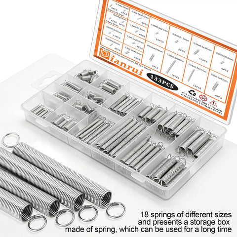 Big 133-Piece Zinc Extension Spring Assortment Box With 18 Sweet Sizes For Home Fixins, Auto Tuning, And All Your Tough DIY Hacks To Keep Things Running Smooth. 133-piece zinc extension spring assortment in organizer box, 18 sizes