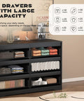 Black Modern 3 Drawer Dresser For Bedroom And Living Room - Wood Dresser For Closet, Hallway, Entryway, Nursery, Space-Saving Storage Console With Sleek, Contemporary Design showcasing open shelves with folded clothes.