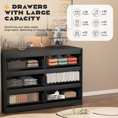 Black Modern 3 Drawer Dresser For Bedroom And Living Room - Wood Dresser For Closet, Hallway, Entryway, Nursery, Space-Saving Storage Console With Sleek, Contemporary Design showcasing open shelves with folded clothes.