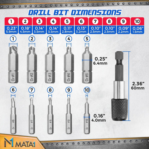 22 Piece Pro Grade Screw Extractor Set with drill bit dimensions and magnetic bit extender.
