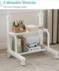 Space Saver C Shaped Laptop Desk On Wheels For Small Spaces White 24 Inch Height Adjustable With 2 Tier Storage Shelves Mobile