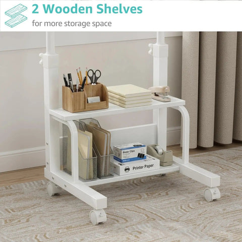 Space Saver C Shaped Laptop Desk On Wheels For Small Spaces White 24 Inch Height Adjustable With 2 Tier Storage Shelves Mobile