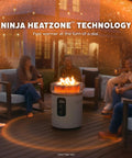 Group enjoying a Propane Fire Pit And Outdoor Heater With Three Modes Flame And Heat For Patio Deck Or Camping at night on a patio.