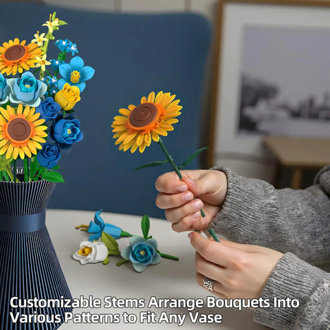 Van Gogh Starry Night And Sunflowers Inspired Bouquet Building Set Lego Compatible Flowers For Adults Women Vibrant Blue Yellow White Blooms To Brighten Desk Or Home Decor Perfect Gift For Christmas Mothers Day Or Just Because custom stem sunflower in hand