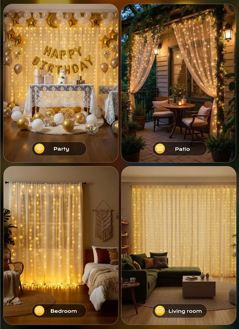 Warm White 300 LED Curtain Lights With 10 Strands, 9.8Ft By 9.8Ft Fairy String Lights For Bedroom And Window Wall Decor, 8 Modes With Memory Function, Plug In Not Connectable, Great For Christmas Parties And Weddings in various settings like party, patio, bedroom, and living room.