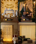 Collage of 600 LED Curtain String Lights With Remote in party, patio, bedroom, and living room settings