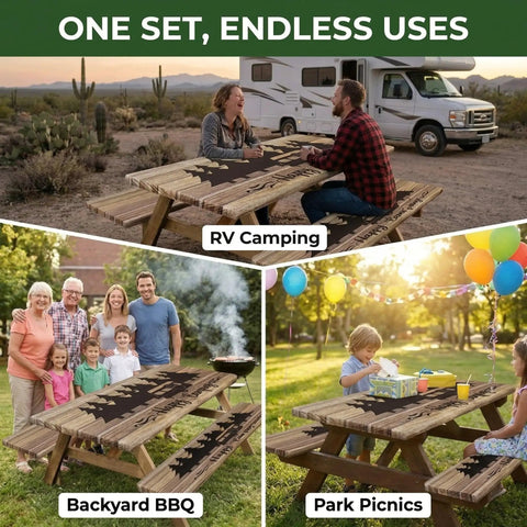 Essential Outdoor Picnic Table Cover Set With Bench Covers Elastic Edges 72 Inch Three Piece Waterproof Fitted Tablecloth shown in various outdoor settings.