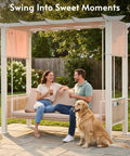 Couple relaxing on a 3 Seat Outdoor Porch Swing With Stand And Canopy 2 In 1 Convertible Swing Bed For Adults Heavy Duty Backyard Swing.