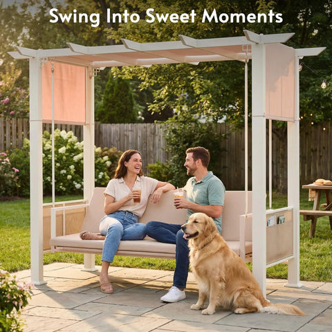 Couple relaxing on a 3 Seat Outdoor Porch Swing With Stand And Canopy 2 In 1 Convertible Swing Bed For Adults Heavy Duty Backyard Swing.