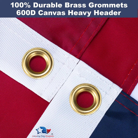 Close-up of brass grommets on Heavy Duty 3x5 Outdoor American Flag with durable 300D nylon and sewn stripes.