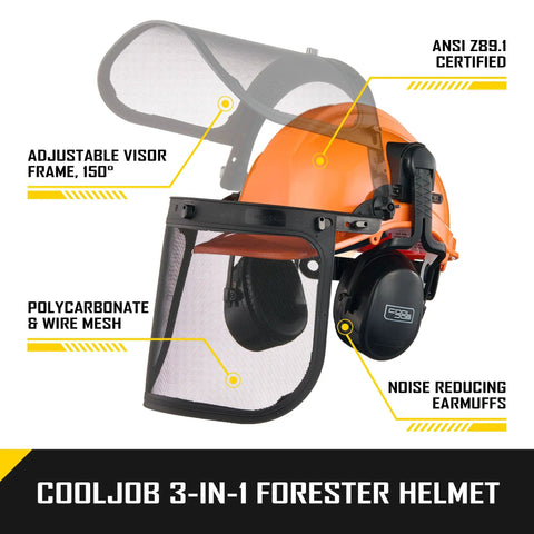 3 In 1 Chainsaw Helmet With Metal Mesh Face Shield And Adjustable Earmuffs For Hearing Protection, orange heavy-duty design
