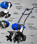 Diagram of a 46Cc Four Cycle Gas Powered Rototiller Cultivator with 16 inch steel tines and adjustable handle grips