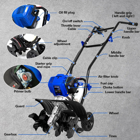 Diagram of a 46Cc Four Cycle Gas Powered Rototiller Cultivator with 16 inch steel tines and adjustable handle grips