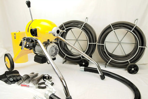 Real Deal Sectional Sewer Snake Machine 1.5 HP Drain Cleaner with 120 Foot Cable and Six Piece Cutter Set on display.