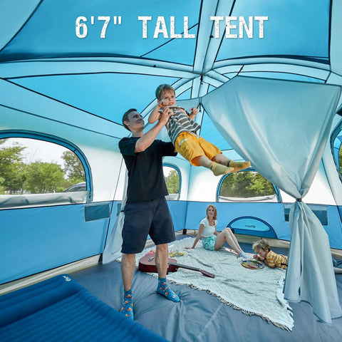 Interior view of blue 8 Person Family Camping Tent With Porch And Two Room Cabin Weather Resistant Outdoor Tent With Rainfly Easy Setup
