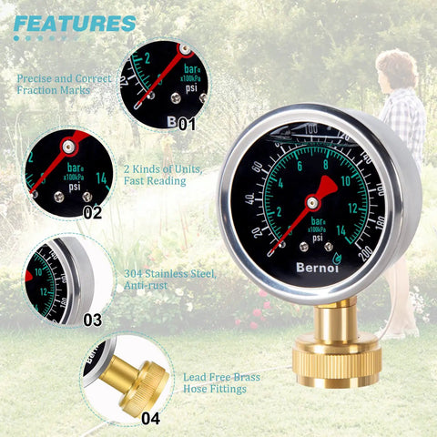 Liquid Filled Water Pressure Gauge Kit 0-200 Psi With 5 Piece Quick Connect Set, Standard Three Quarter Inch Female Garden Hose Thread, Home Use Gauge For Faucets And Hoses, Includes One Quarter Inch And One Half Inch Adapters. Stainless steel gauge with brass hose fitting