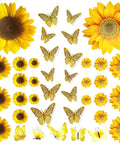 Sunflower Wall Stickers And 3D Gold Butterfly Decals Bundle showcasing 22 yellow sunflowers and 12 gold butterflies on white background.