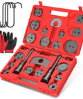 Pro-Grade Heavy Duty Disc Brake Piston Caliper Wind Back Tool Set Universal 28-Piece in a red case with hooks and gloves