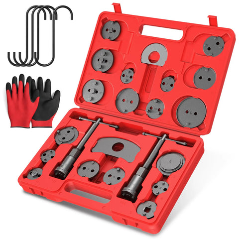 Pro-Grade Heavy Duty Disc Brake Piston Caliper Wind Back Tool Set Universal 28-Piece in a red case with hooks and gloves