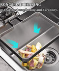 No Fuss Kitchen Sink Strainer With Heavy Duty Filter Mesh Bag And Grip Tight Suction Cup Quick Fold Design, showing food scraps in the sink.