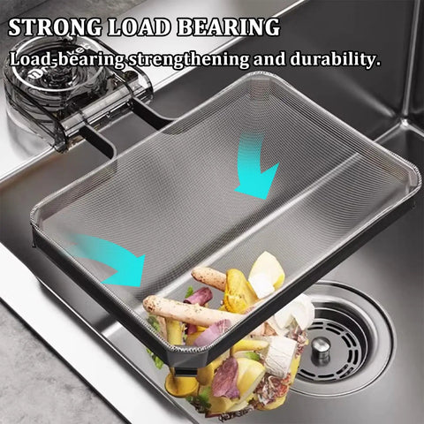 No Fuss Kitchen Sink Strainer With Heavy Duty Filter Mesh Bag And Grip Tight Suction Cup Quick Fold Design, showing food scraps in the sink.