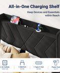 Straight Up Comfortable Full Bed Frame With Built In Charging Station And Storage Shelf Sleek Black Velvet Wingback Headboard with charging ports and devices.