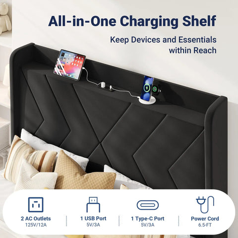 Straight Up Comfortable Full Bed Frame With Built In Charging Station And Storage Shelf Sleek Black Velvet Wingback Headboard with charging ports and devices.