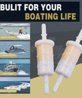 In Line Fuel Filter For Mercury Mariner Verado 4 Stroke EFI Outboard Motors 40 50 60 75 115 135 300 HP Replacement Fits 879885Q 879885T 879885K Sierra 18 7718, showing two filters with boating performance graphics in the background