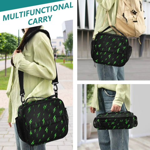Green Lightning Bolts Insulated Lunch Bag For Kids, Women, And Men, Portable Cooler Tote With Shoulder Straps, Thermal Retention Aluminum Foil Lining, Spacious Main Compartment, Side Mesh Pockets, Ideal Office, Travel, School, black with green lightning print
