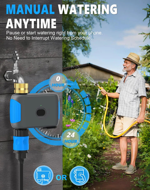 Man using WiFi Hose Timer with App Control for Garden Irrigation Smart Bluetooth Water Timer No Hub Needed Works With Alexa and Google