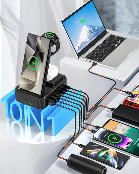 Beast 10 In 1 Wireless Charging Station With 7 USB C Ports, 65W Fast Charging Stand charging multiple devices including laptop and phones