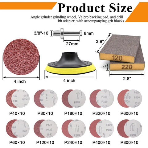Diagram of 102 Pcs 40 To 800 Grit Angle Grinder Sanding Discs And Blocks 4 Inch with sizes, grit labels, and components shown.