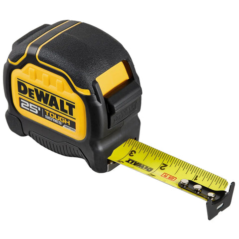 25 ft tape measure with black and yellow housing, magnetic clip, visible dual-sided blade, part of Tough Series 25 Ft Tape Measure With Magnetic Clip And Double Sided Blade Pro Grade Heavy Duty Housing Extend Reach To 17 Ft And Clings To Metal Drop Resistant Up To 100 Ft For Builders And DIYers.