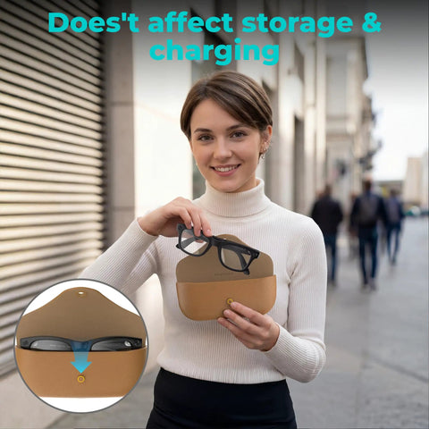 Person placing smart glasses into case with LED Light Blocking Stickers Kit For Ray Ban Meta Wayfarer Skyler Headliner Gen 2 And Oakley Meta HSTN