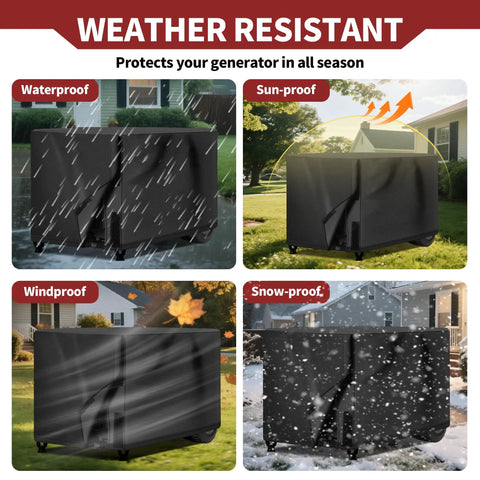 Kickass Universal Generator Cover Waterproof 26X20X20 Inches shown protecting against rain, sun, wind, and snow.