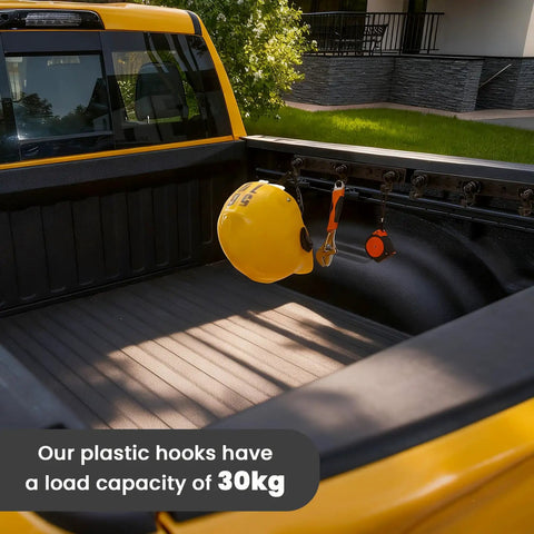 8 Pack L Track Hooks With Single Stud Fitting Spring Loaded 360 Degree Adjustable Gear Hook installed in a truck bed