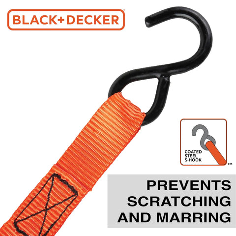 Close-up of Top Shelf Ratchet Tie Down Straps 1 Inch By 10 Feet 4 Pack, featuring non-marking vinyl hooks.