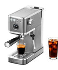 Premium Espresso Coffee Machine With Steam Wand For Cappuccino And Iced Cold Brew Barista Level Shot Pulls Total Coffee Game Changer Smooth Daily Grinds Gray, brewing espresso with iced drink on side.