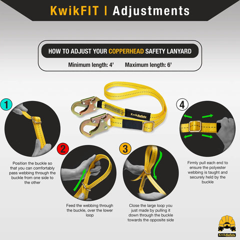 Instruction guide for adjusting the Copperhead Positioning Lanyard 4 To 6 Ft Adjustable No Shock Absorber ANSI OSHA Rated.
