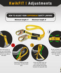 Copperhead Work Positioning Lanyard 2 Pack Single Leg No Shock Absorber 100 Percent Polyester Webbing With Heavy Duty Stitching Adjustable From Four To Six Feet ANSI OSHA Approved Not For Fall Protection shown with adjustment instructions