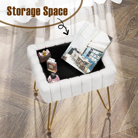 Faux Fur Vanity Stool With Hidden Storage Soft Padded Seat On Four Metal Legs With Anti Slip Feet Modern Makeup Chair