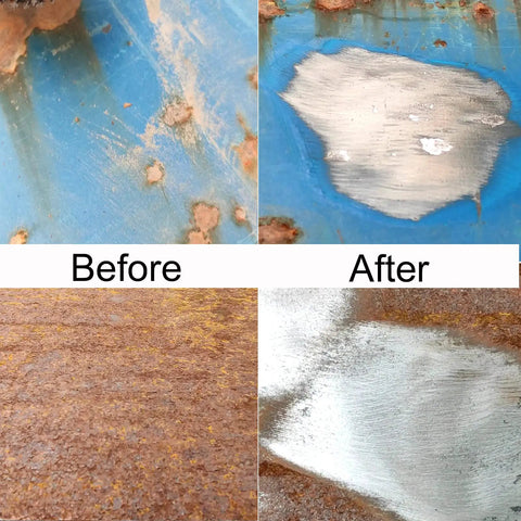 Before and after comparison of surface cleaned using 5 Pack Strip Discs For Angle Grinder 4 Inch Paint Removal Rust Oxidation Welds And Coatings Diamond Abrasive With Nylon Backing For Fast Beast Mode Cleaning.