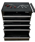 Front view of Beefy 26 Inch 5 Drawer Rolling Tool Chest Cabinet With Ball Bearing Slides Steel Tool Storage Box Organizer In Black with tools on top