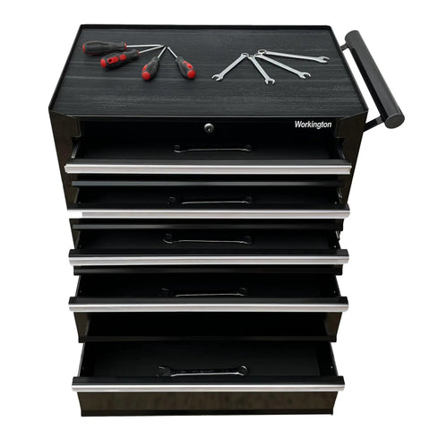 Front view of Beefy 26 Inch 5 Drawer Rolling Tool Chest Cabinet With Ball Bearing Slides Steel Tool Storage Box Organizer In Black with tools on top